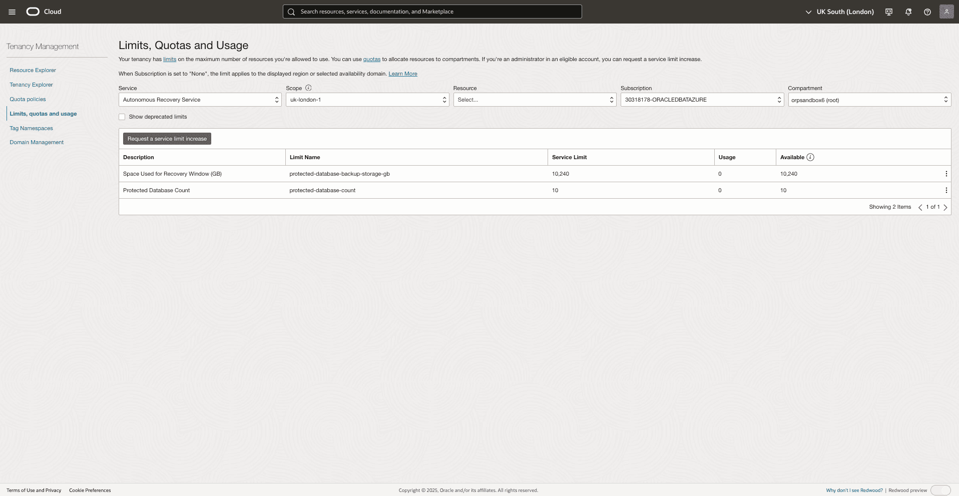 This screenshot shows how to check limits, quotas and usage.