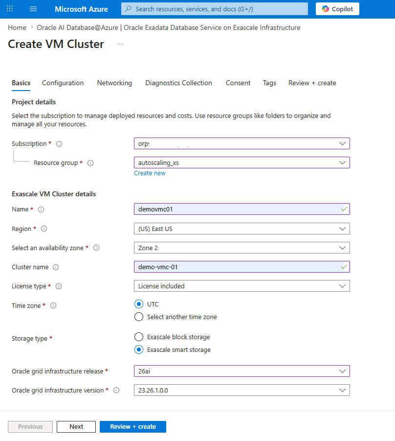 This screenshot shows the first part of creating an Exascale VM Cluster.