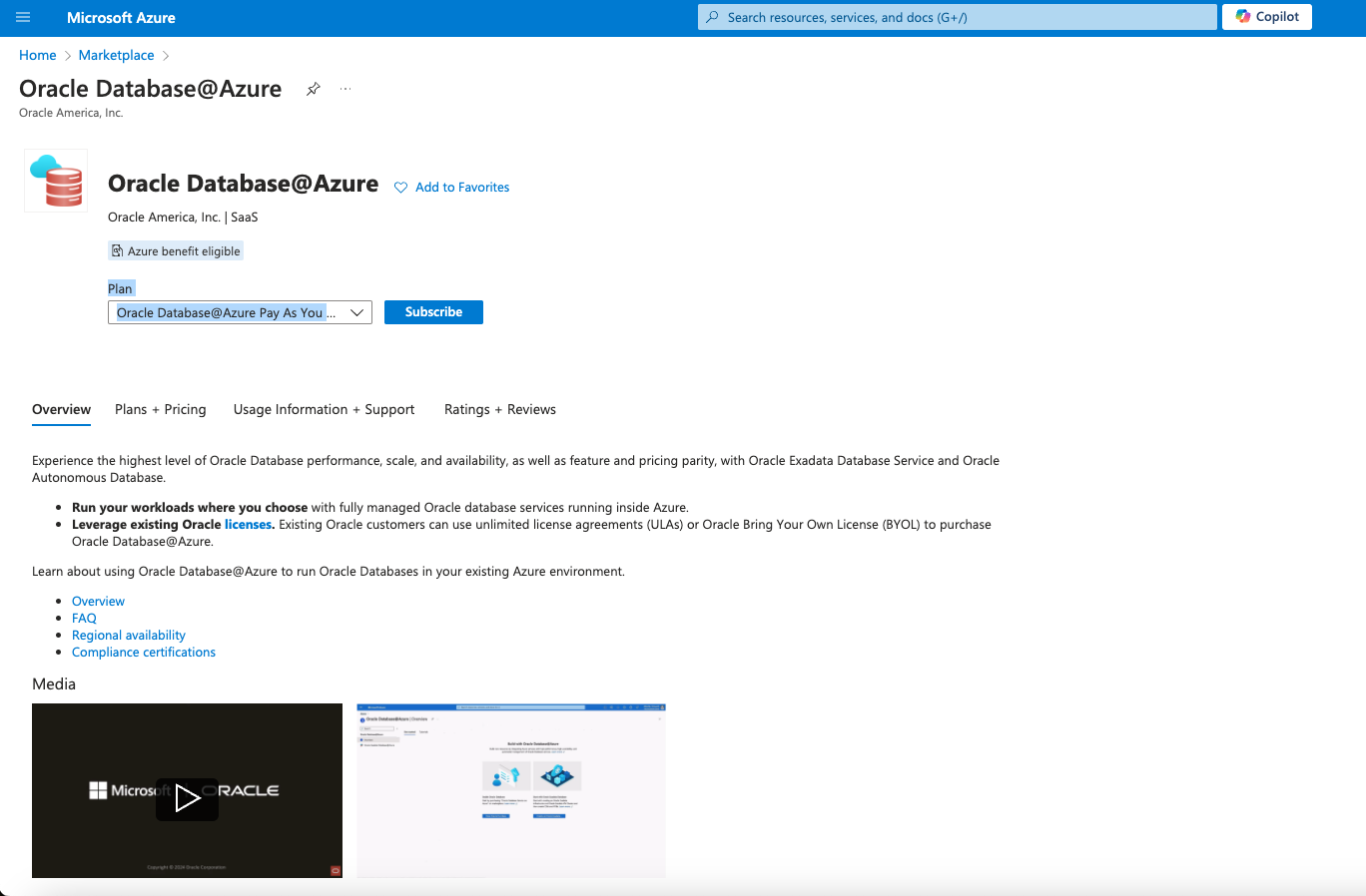 Click to expand An image of the Azure portal showing the Oracle Database@Azure product page.