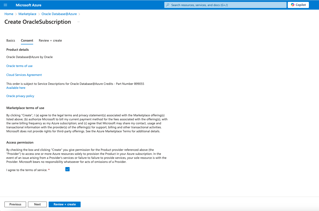 Click to expand An image of the Azure portal showing the Consent tab for a Marketplace purchase.
