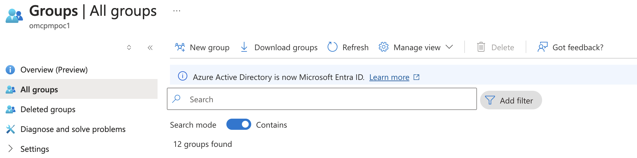 Click to expand An image of the Azure portal showing the EntraID all groups page.