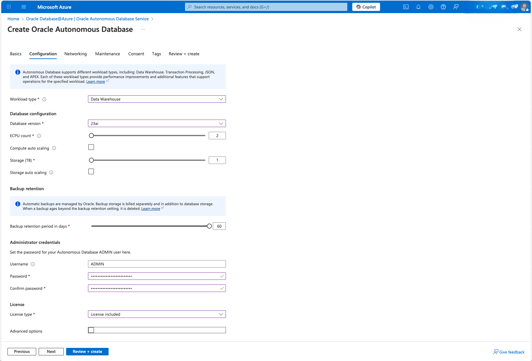 This screenshot shows the second part of creating an Autonomous AI Database. This screenshot shows the second part of creating an Autonomous AI Database.