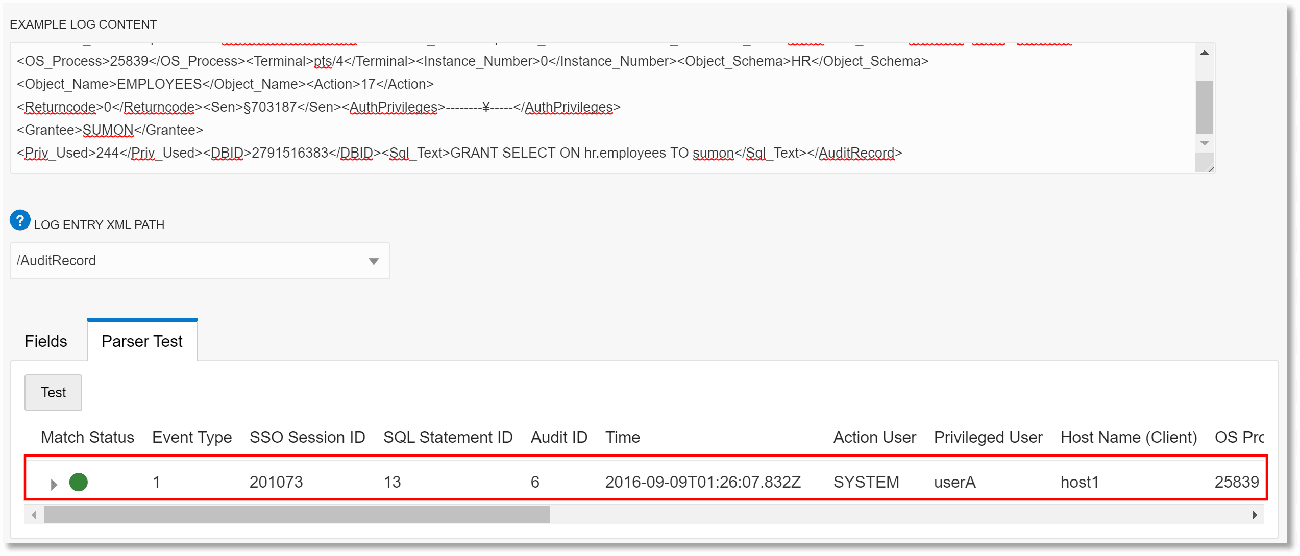 Parser creation dialog box: The parser test tab, and the match status of the test Parser creation dialog box: The parser test tab, and the match status of the test