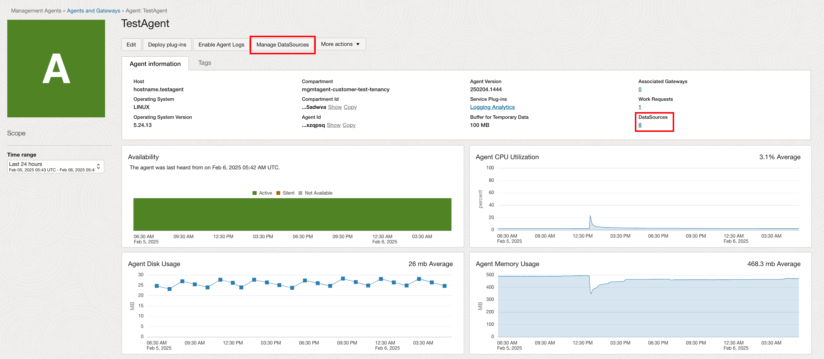 Agent details page that shows information about a management agent installed. Agent details page that shows information about a management agent installed.