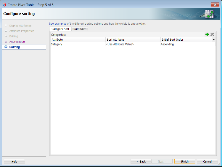 Category sort page of the Create Pivot Table wizard.