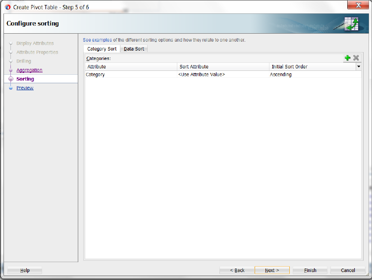 Category sort page of the Create Pivot Table wizard.